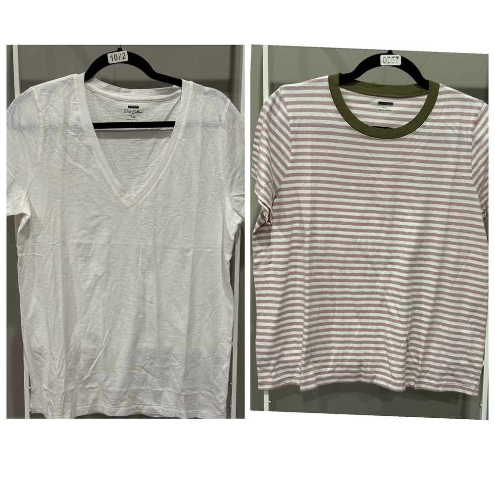 JCrew/Madewell Lot2 Slub Cotton V-Neck White & Striped Ringer T-Shirts Womens L